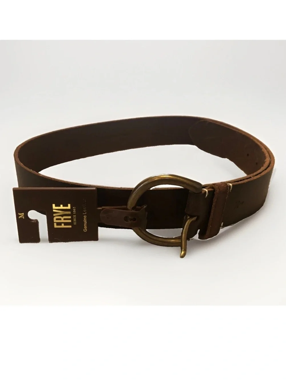 Frye Brown Leather Belt with Antique Brass Round Buckle Classic Country